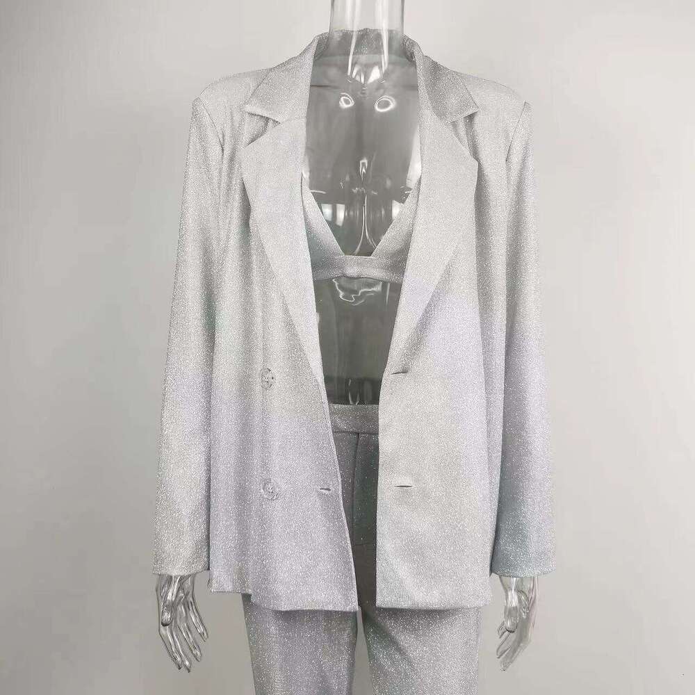 Hot selling items in spring summer of 2022, European and American sparkling suit jacket, underwear straight leg pants set, 20250069, 2025 new casual v