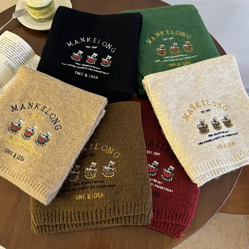T611 cute bear embroidered wool cartoon scarf for women autumn and winter warm student couple versatile knitted scarf