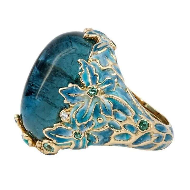 Elegant Fashion Gold Color Carving Enamel Flower Rings For Women Creativity Inlaid Blue Stone Engagement Ring Jewelry