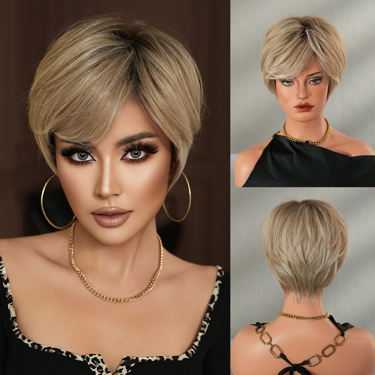 for Wig middle-aged and elderly women with short hair mothers wig full head cover beige diagonal bangs synthetic American frosted hair