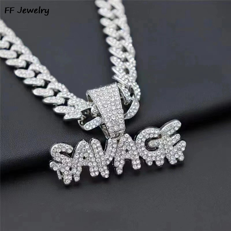 Men Women Hip Hop SAVAGE Letters Pendant Necklace with 13mm Cuban Chain Iced Out Bling HipHop Necklaces Fashion Charm Jewelry 250427