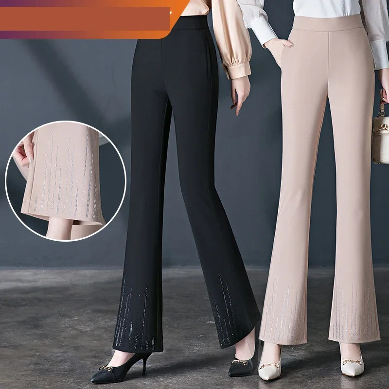 Spring High Waist Micro Flash Casual Womens Trouser Almond Elastic Diamond Temperature Fish Tail Pants 250428