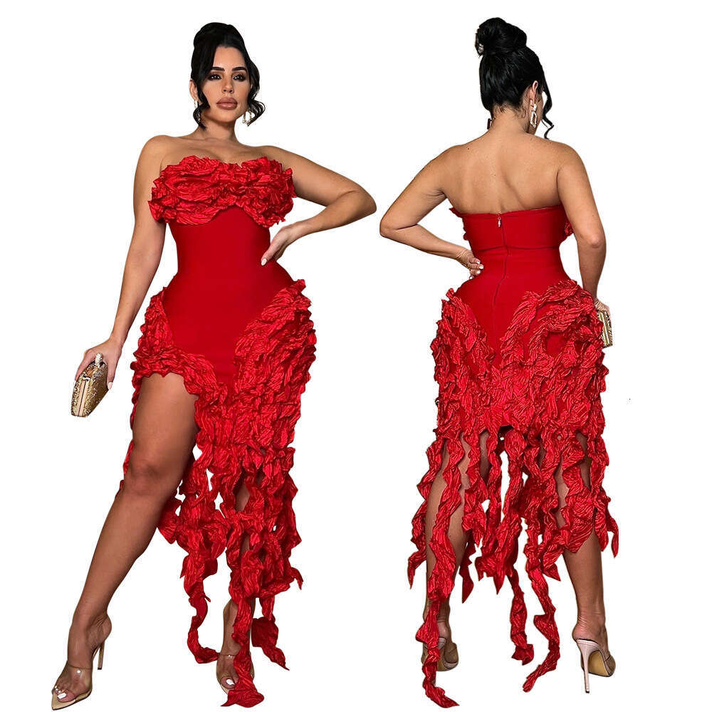 CY901043 European and American strapless solid color sexy irregular tassel high slit dress for women 2025 new casual versatile fashion clothing