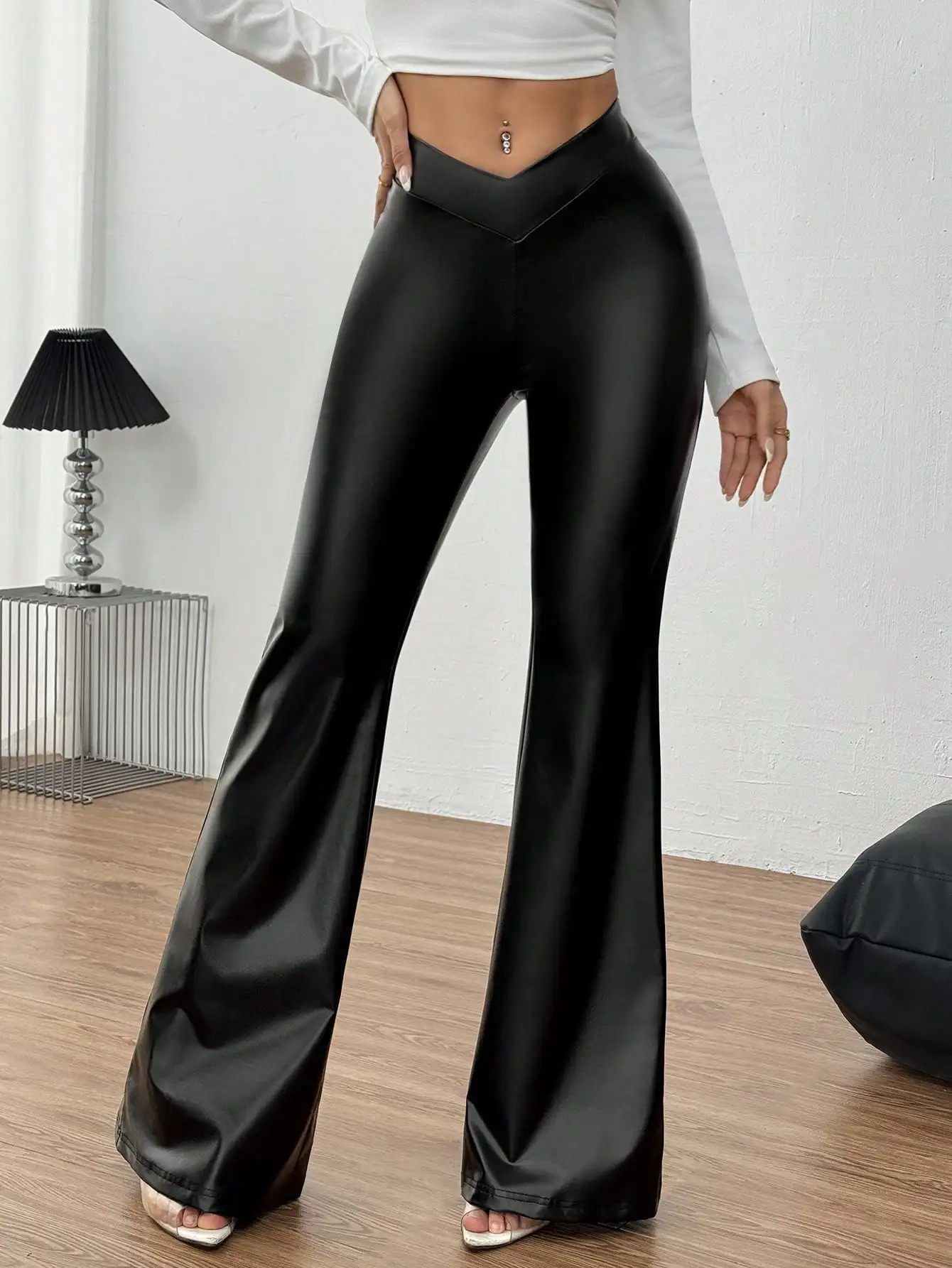 Sexy Vwaist invisible zipper corner pants leg shooting PU black autumnwinter womens 250428