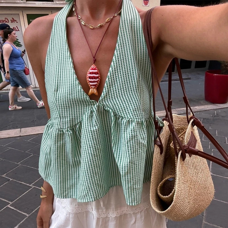 Bohemian plain vest Coquette lace up camisole collar sleeveless vest summer backless crop top womens holiday streetwear 250427