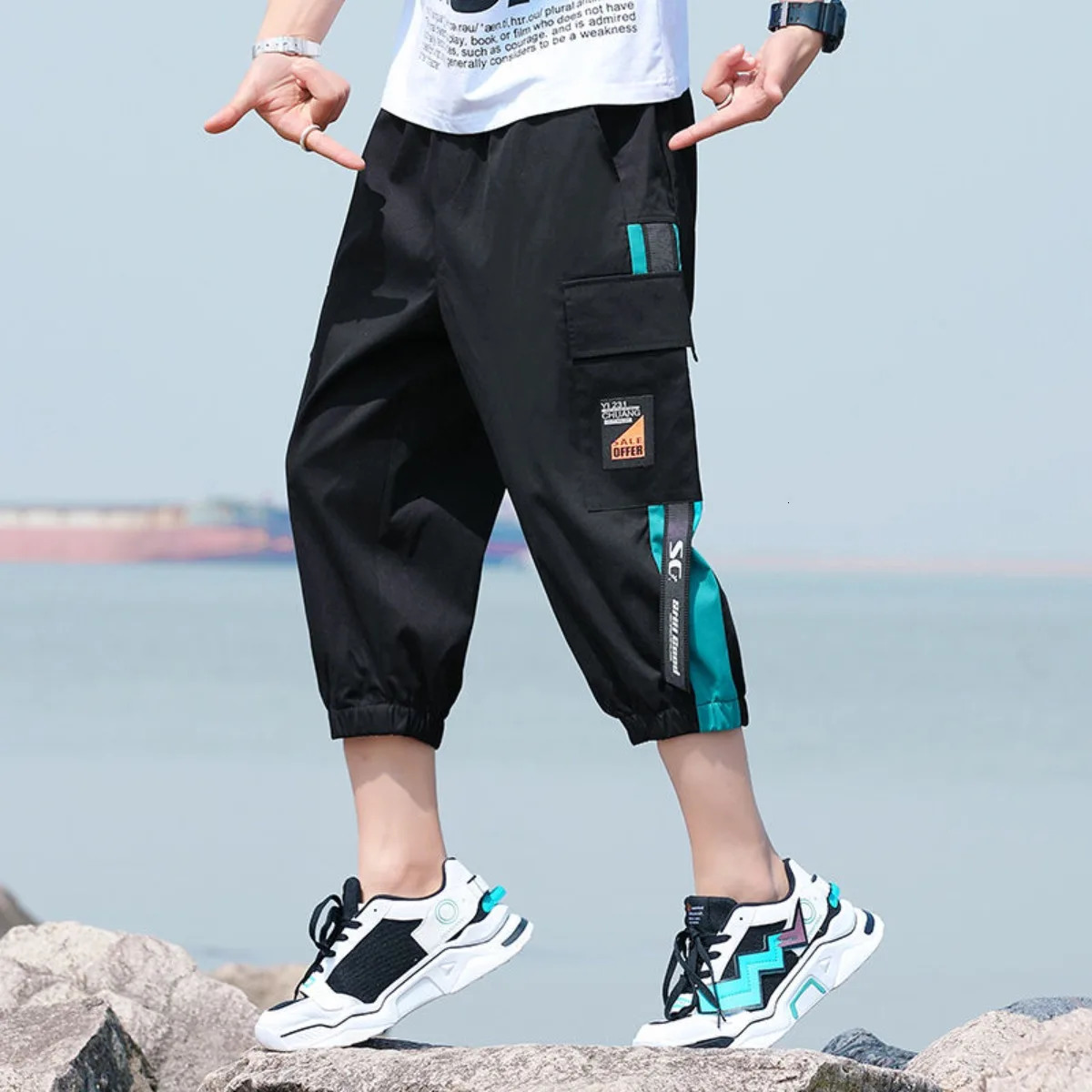 style hiphop below knee 34 long shorts mens tactical pants with multiple pockets summer diagonal work cargo 250425