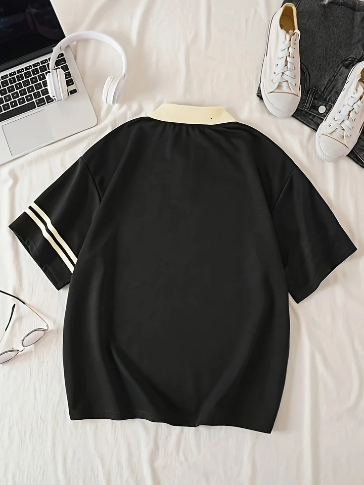 No89 Graphic Casual Style Womens Fashion Versatile Short sleeved Golf Polo Shirt with Contrast Neck Activewear 250425