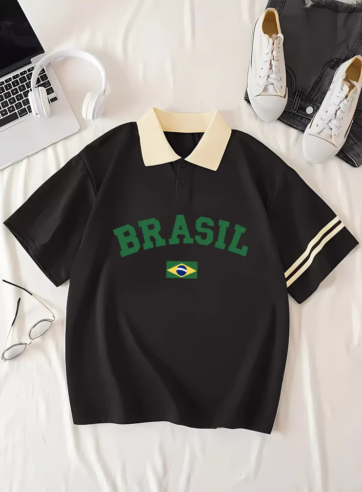 Brazilian flag print womens polo neck casual short hair fashion trend summer 250425