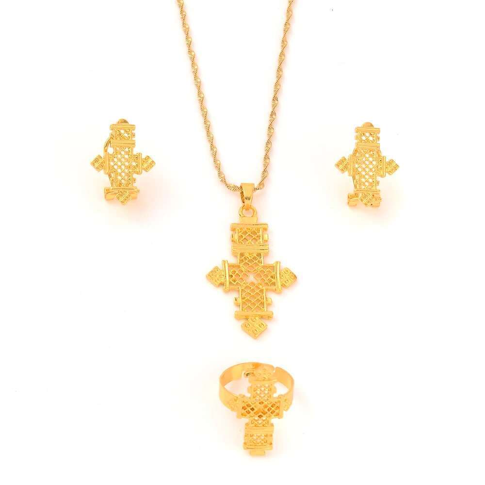 Hot Ethiopian Jewelry Coptic Crosses Pure Gold Color Sets Nigeria Eritrea Kenya Habesha Style