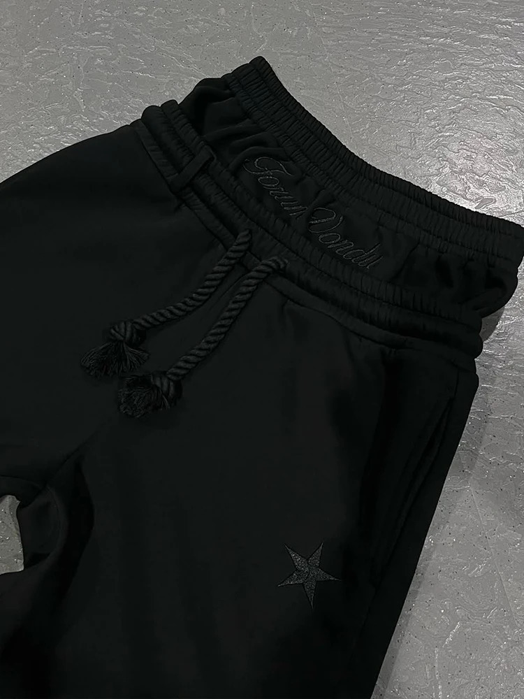 Harajuku loose solid color sports pants hip-hop waistband Y2K American solid color star embroidered casual pants 250428