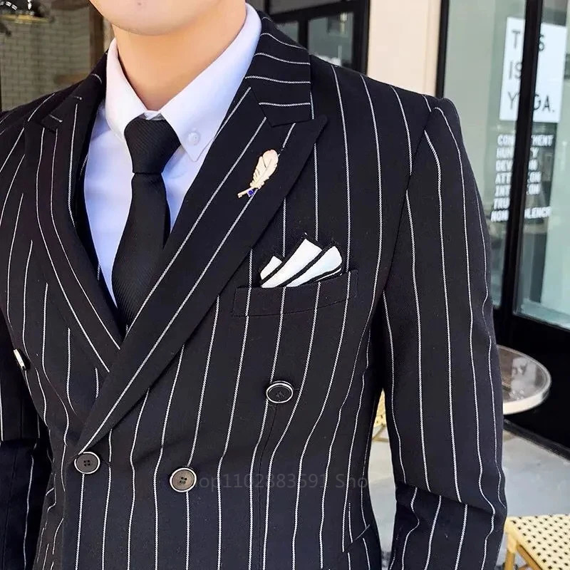 Vertical Striped Mens Homme Slim Fit Business Edition Double corset Wedding Banquet Set 2 pieces 250428