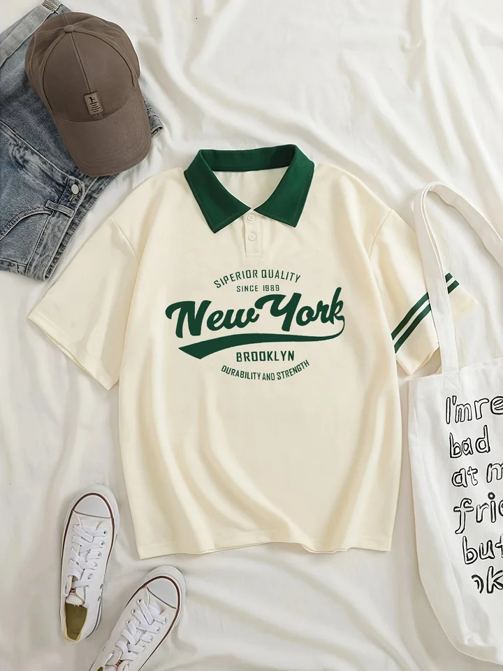 York Letter Graphic casual golf polo shirt fashion paradigm short sleeved with collar and sleeve stripes streetwear 250425
