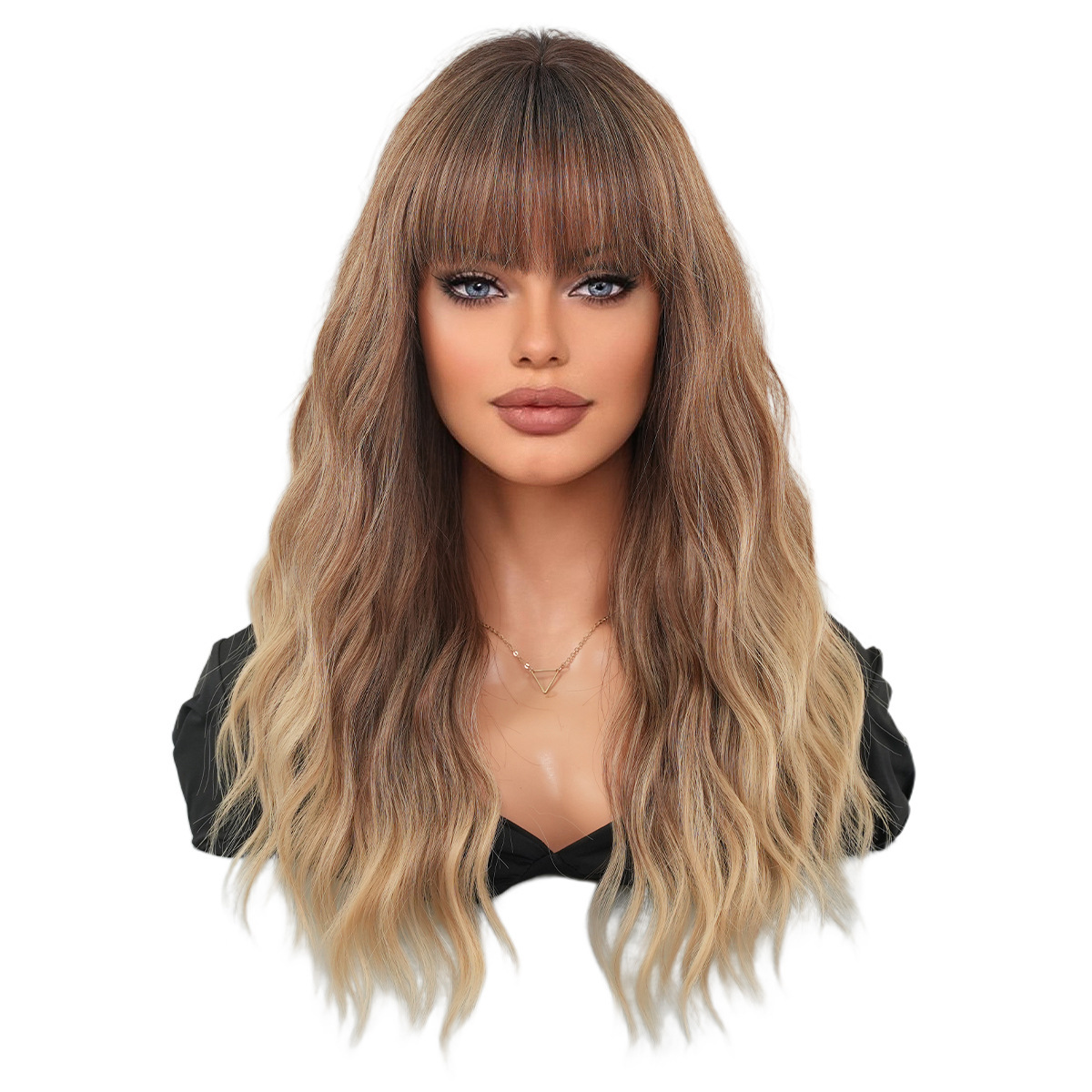gradient 2025 brown medium long wavy curly hair with bangs top dyed appearance natural mechanism full head cover