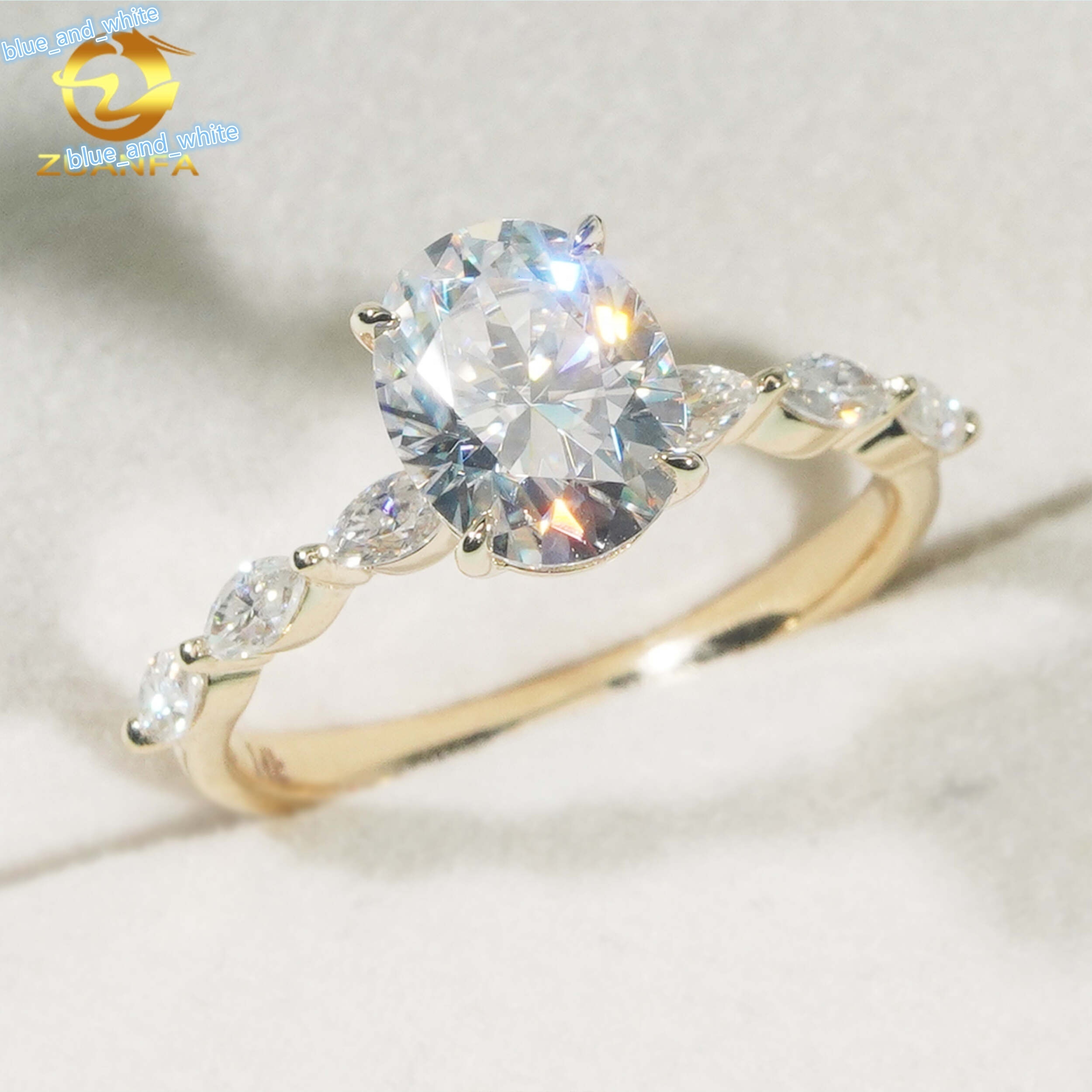 Unique 14k Yellow Gold GRA Wedding Bridal Jewelry Gorgeous Claw Setting 2ct Oval+Marquise FL Moissanite Diamond Engagement Ring