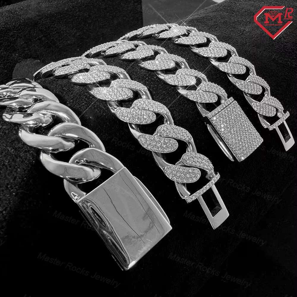 Hiphop Stock Moissanite Cuban Link Chain 15mm 18mm 925 Silver Iced Out Moissanite Cuban Chain