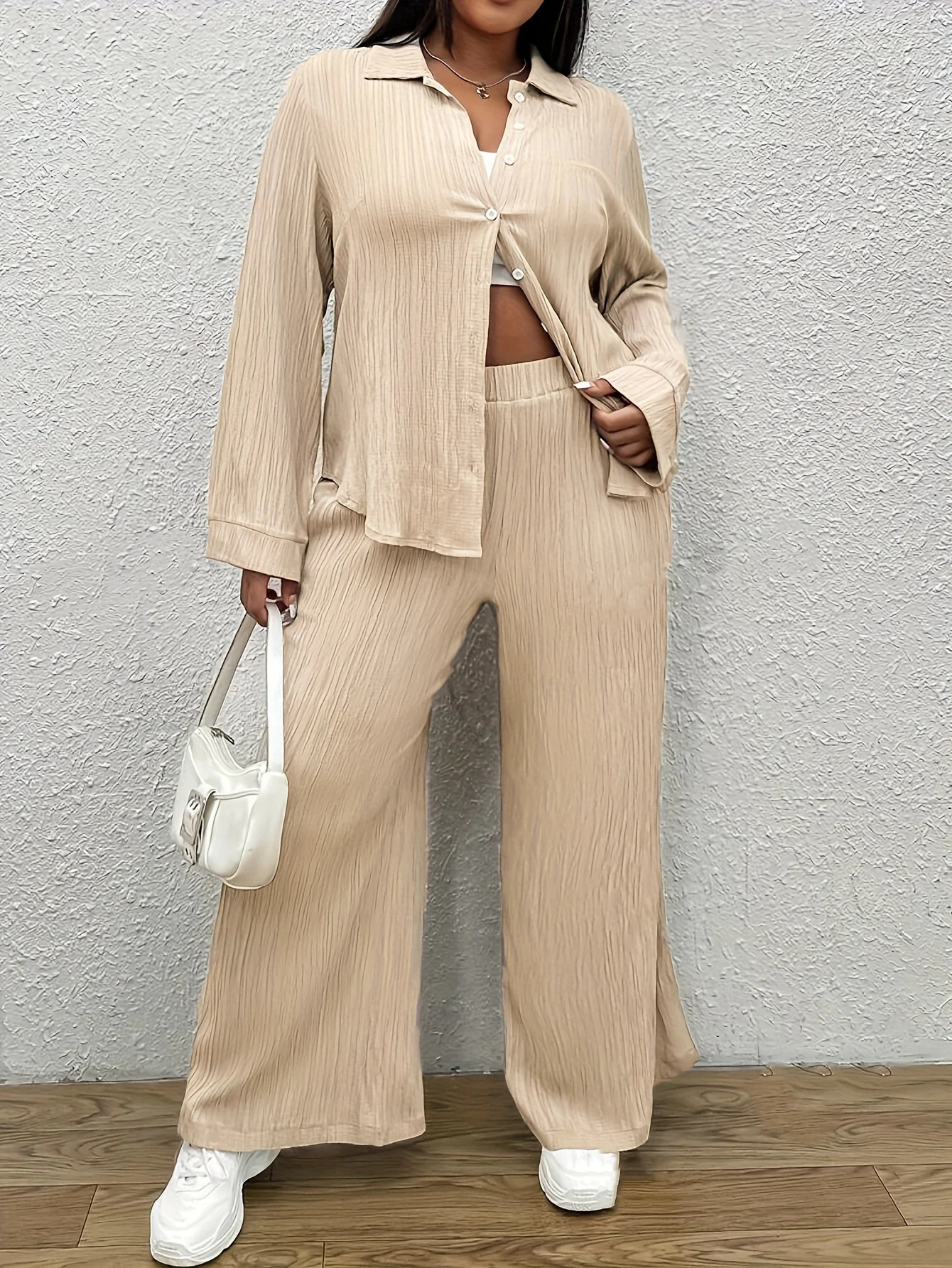 Plus size solid color casual pants set button front long sleeved shirt and spring pants womens plus size clothing 250427
