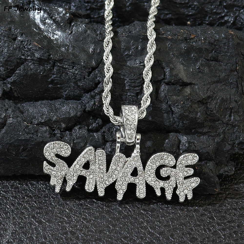 Men Women Hip Hop SAVAGE Letters Pendant Necklace with 13mm Cuban Chain Iced Out Bling HipHop Necklaces Fashion Charm Jewelry 250427