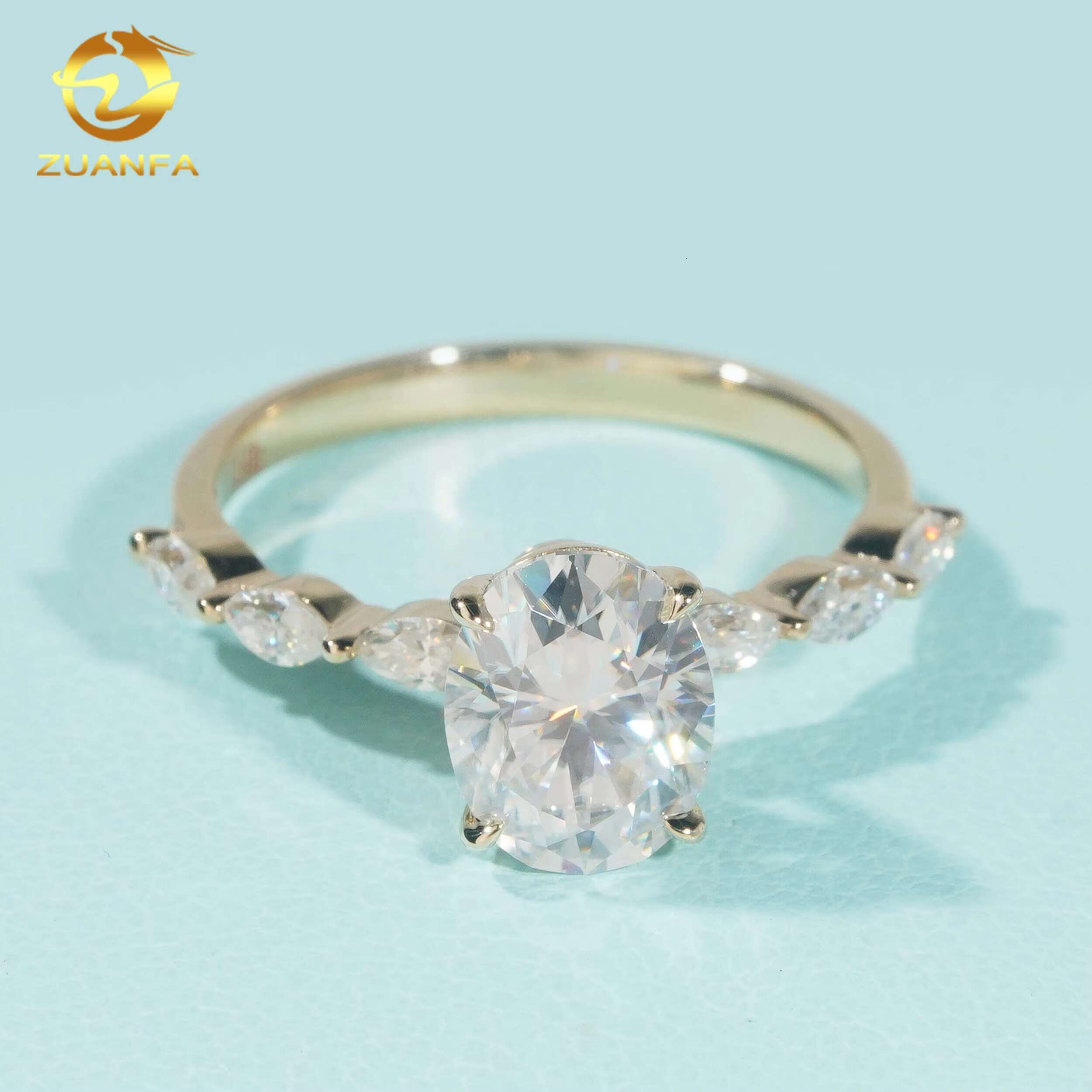 Unique 14k Yellow Gold GRA Wedding Bridal Jewelry Gorgeous Claw Setting 2ct Oval+Marquise FL Moissanite Diamond Engagement Ring