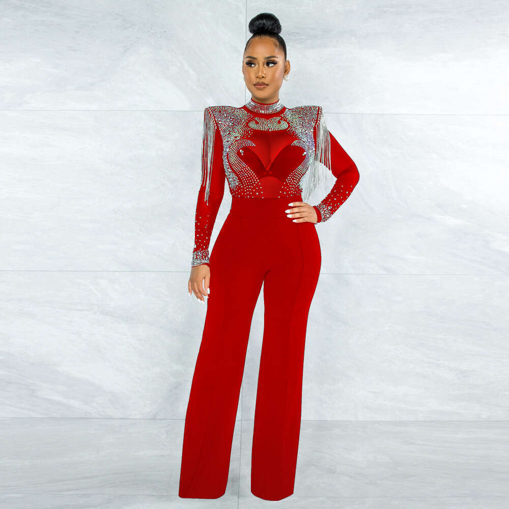 CY9232B European and American fashion sexy casual slim fit high neck see through hot dia fringe jumpsuit for women 2025 temperament versatile new tren