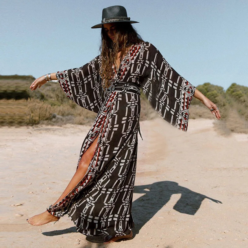 Beach covered oversized kimono womens geometric printed synthetic silk with belt suitable for loose and lightweight cardigans in summer 250422