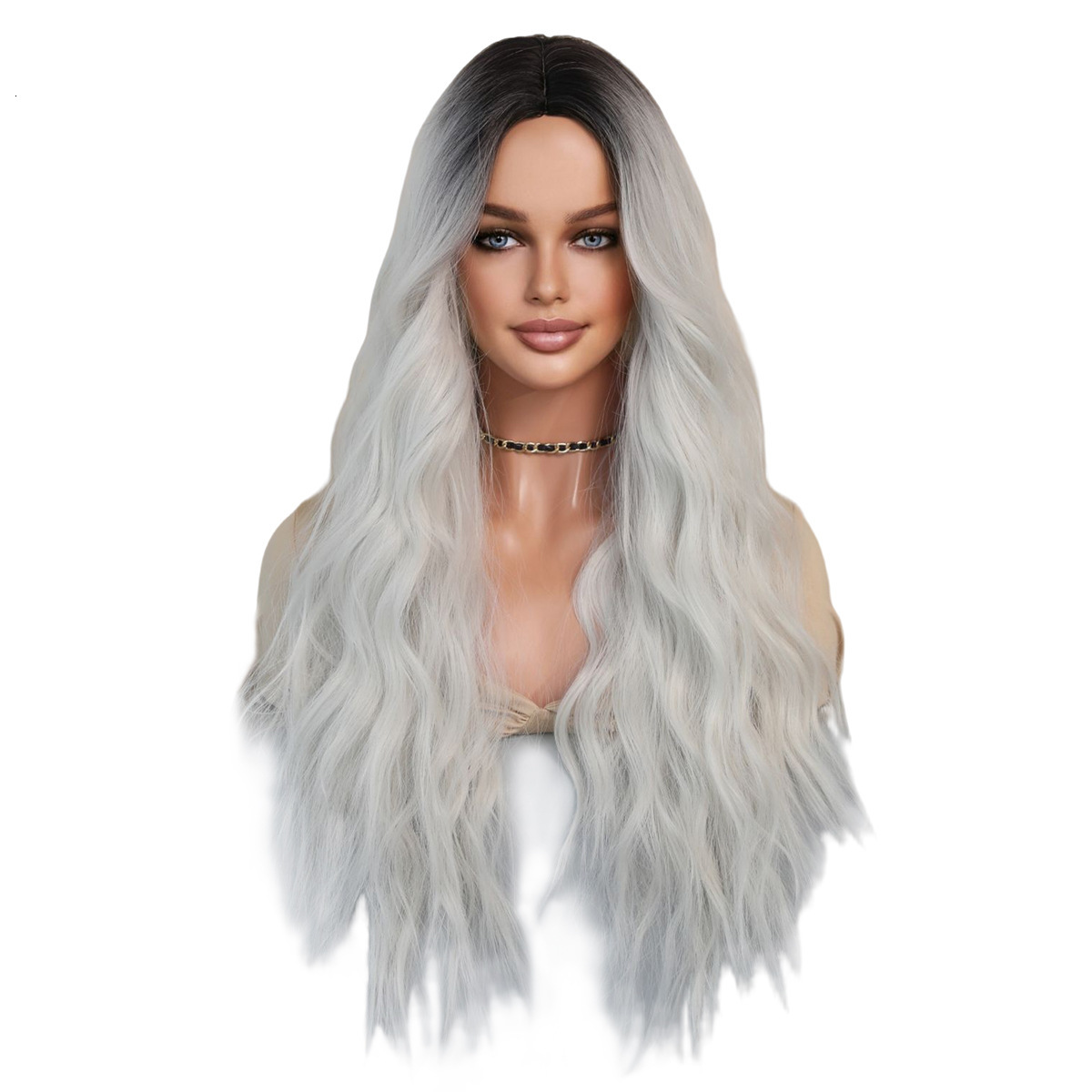Silver Gradient White High Quality Medium Split Long Curled Hair Small Lace Wig Full Headset for Womens Daily Party Wig