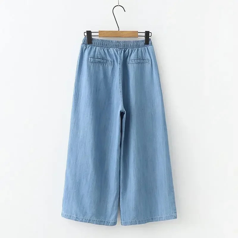 Womens summer elongated wide leg pants cotton blue denim jeans mom elastic waist straight women 250428