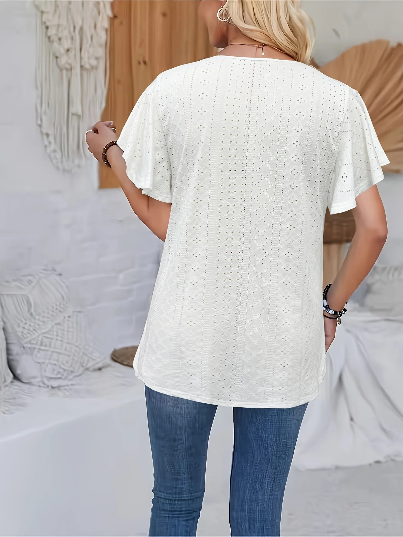 Womens Tshirt plus size springsummer elegant and fashionable hollow lace patch work collar loose lotus sleeves knitted fabric 250430Z
