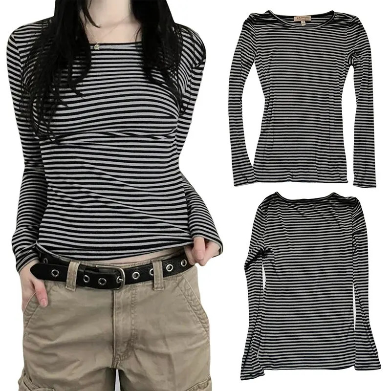 Black and gray striped womens ultrathin top with long sleeves crew neckline stripes Autumn suitable for leisure days 250425