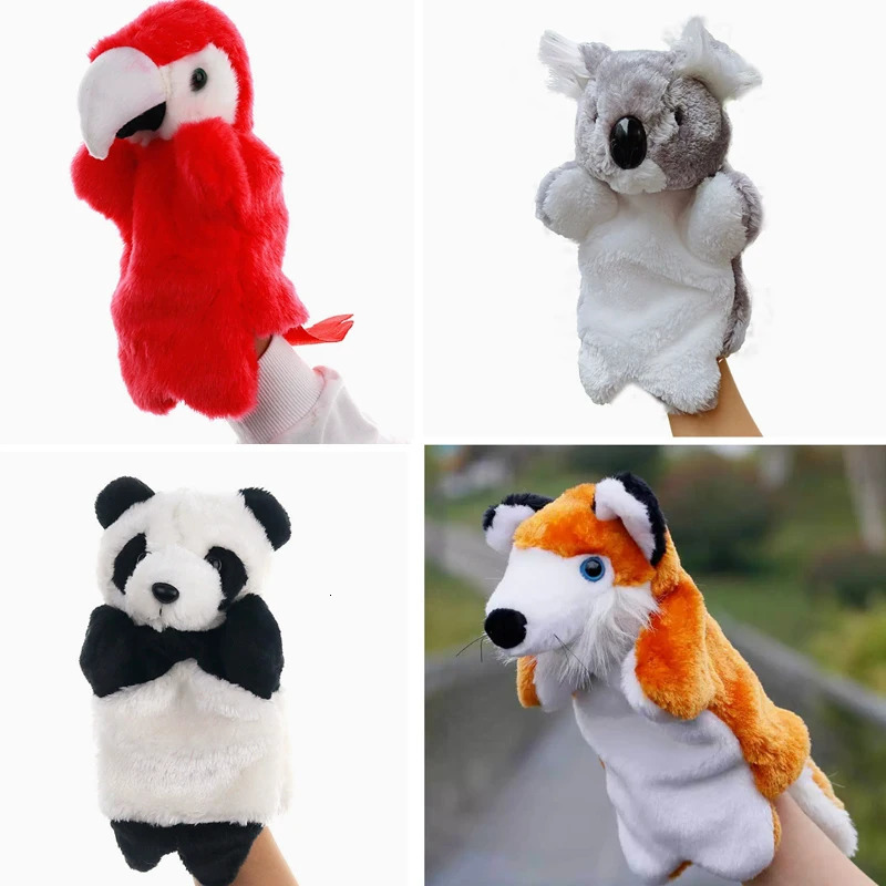 Free shipping 25cm Kawaii Animal Panda Parrot Fox Koala Stuffed Plush Hand Puppets Educational Toys For Family Playgame Time Doll