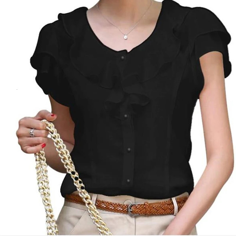 Arrival 2024 Chiffon Short sleeved Womens Shirt Fashion Ruffle White Black Office 250425
