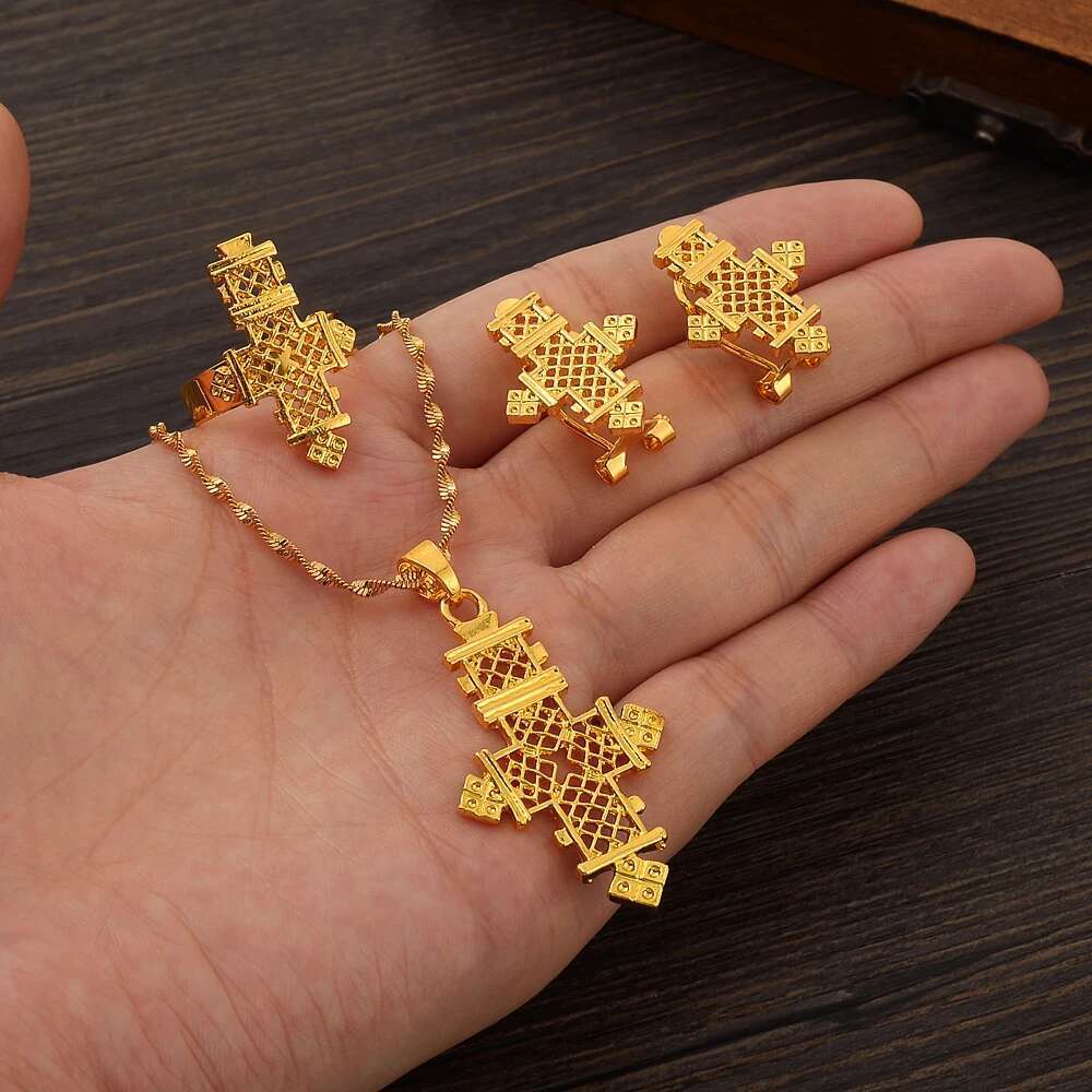 Hot Ethiopian Jewelry Coptic Crosses Pure Gold Color Sets Nigeria Eritrea Kenya Habesha Style