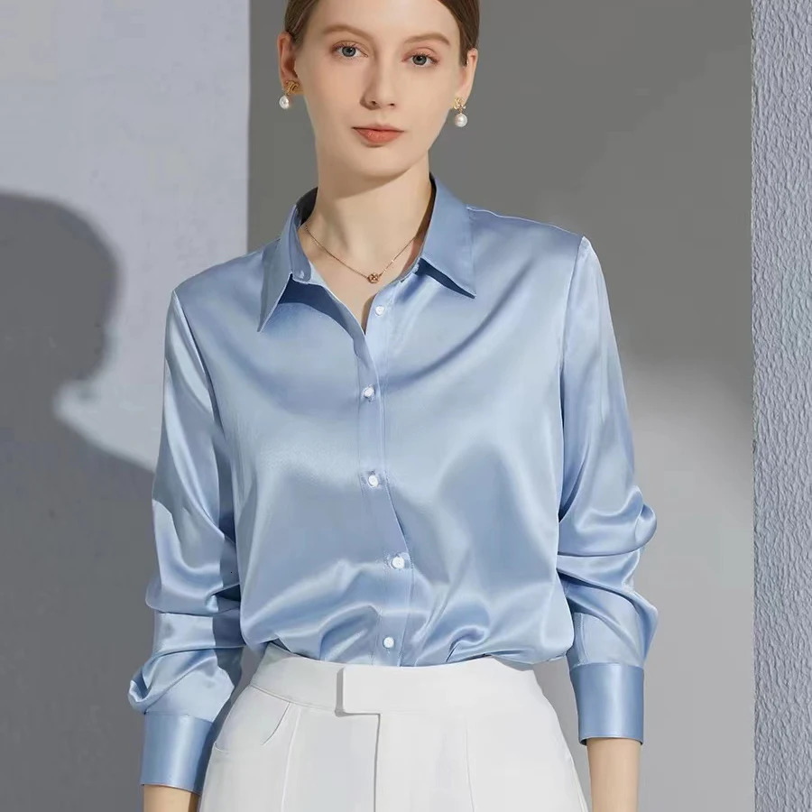 satin veneer shirt and womens casual top OL long sleeved single chest elegant French solid 250422