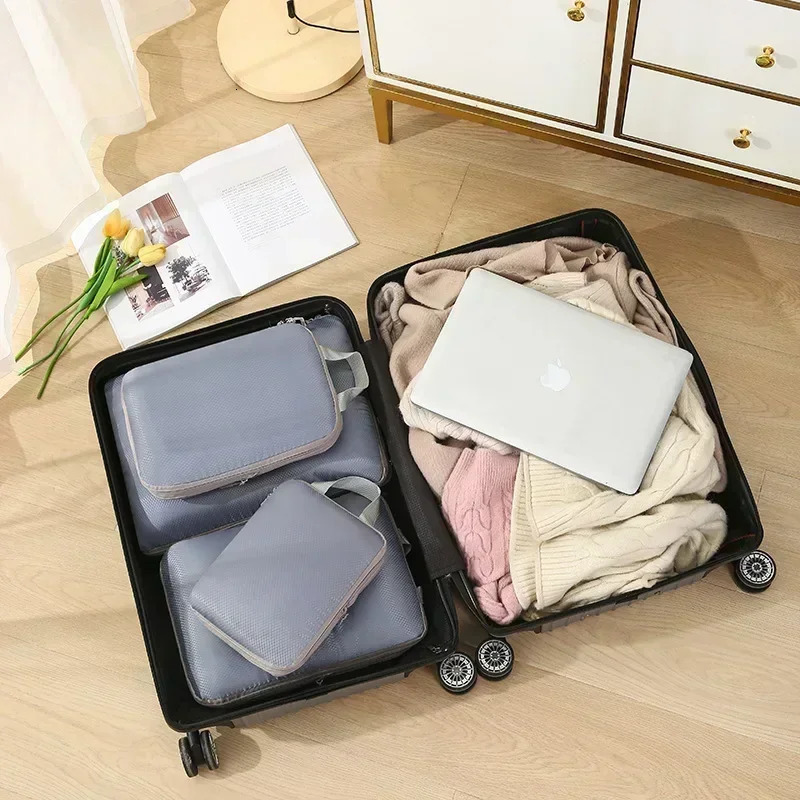 4Pcs Travel Compression Packing Cubes Bag Portable Suitcase Cloth Organizers Waterproof Luggage Storage Cases Drawer makeup bag 250605