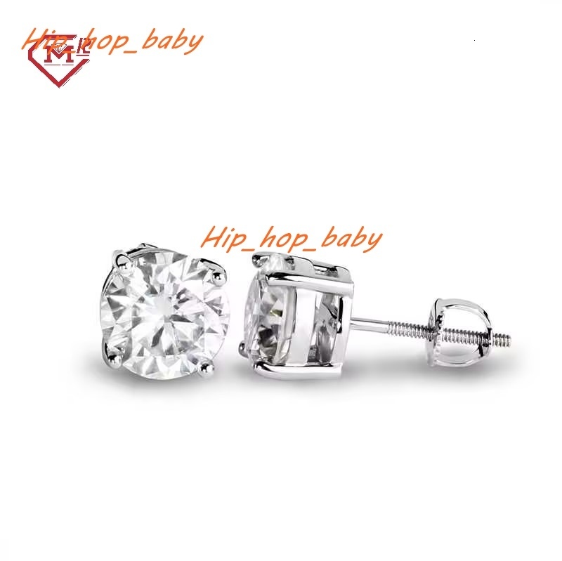 High Quality Round Stud Earrings S925 Sterling Silver Hip Hop Bling Screw Back Moissanite Earrings