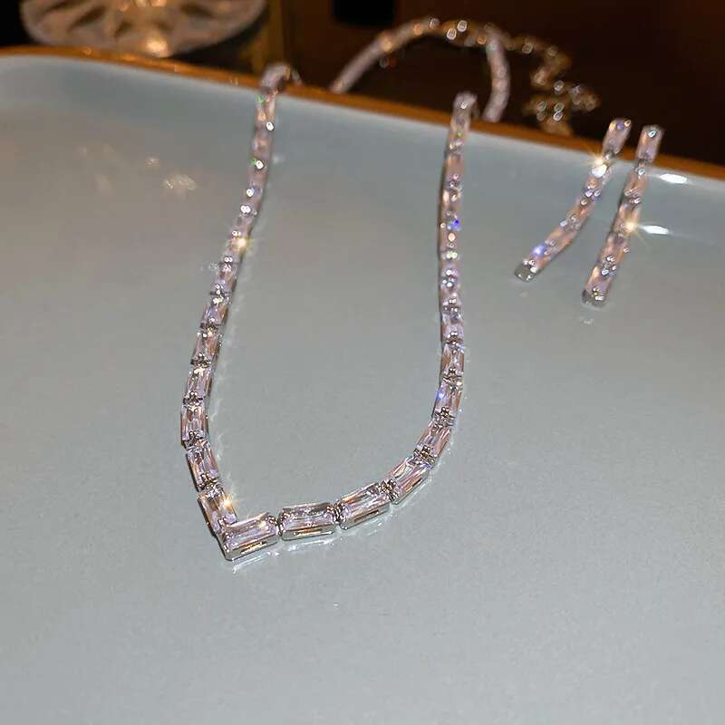 Simple Geometric Zircon Necklace Women Crystal Earrings For Wedding Bride Jewelry Sets Accessories