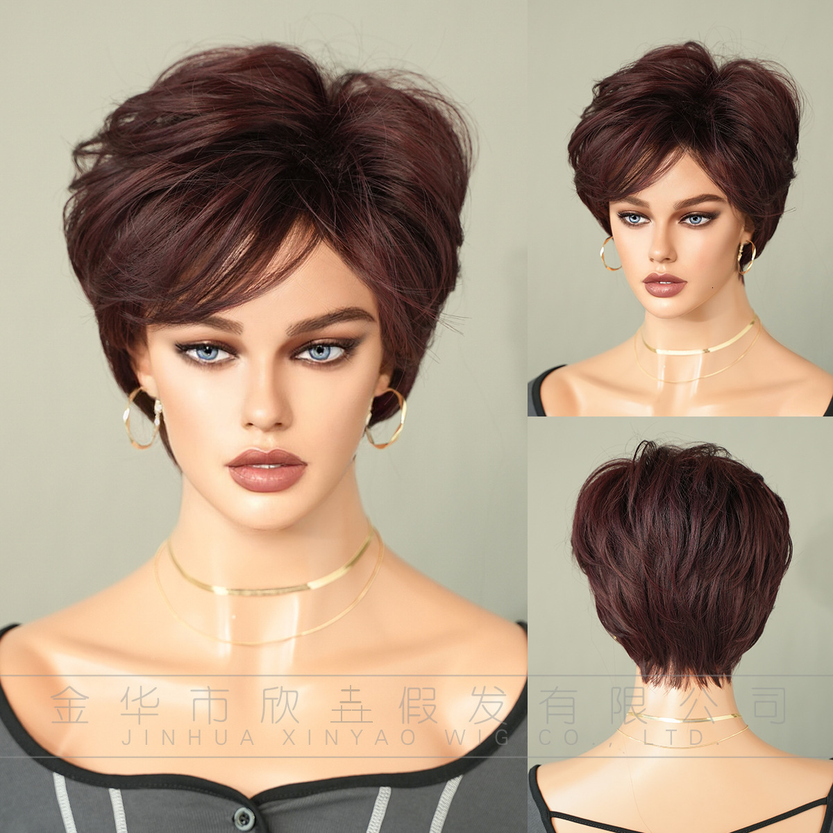 for Wig middle-aged and elderly women with short hair mothers wig full head cover beige diagonal bangs synthetic American frosted hair