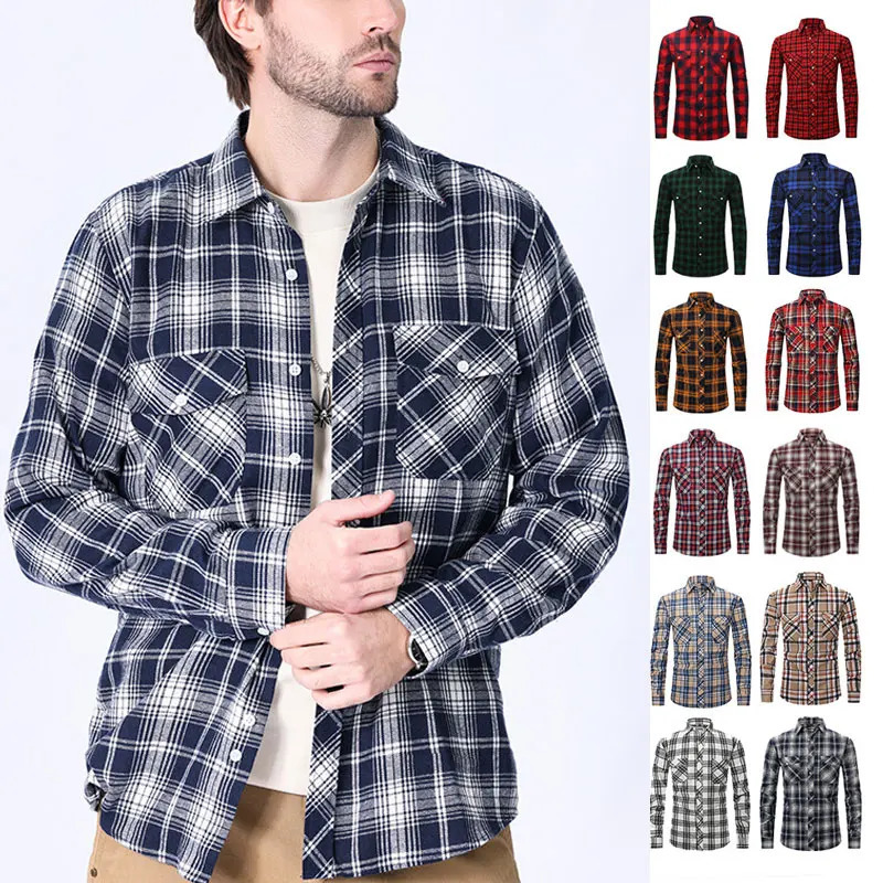 Mens plain weave long sleeved autumnwinter flannel business casual clothing in American sizes fashionable breathable and highquality 250427