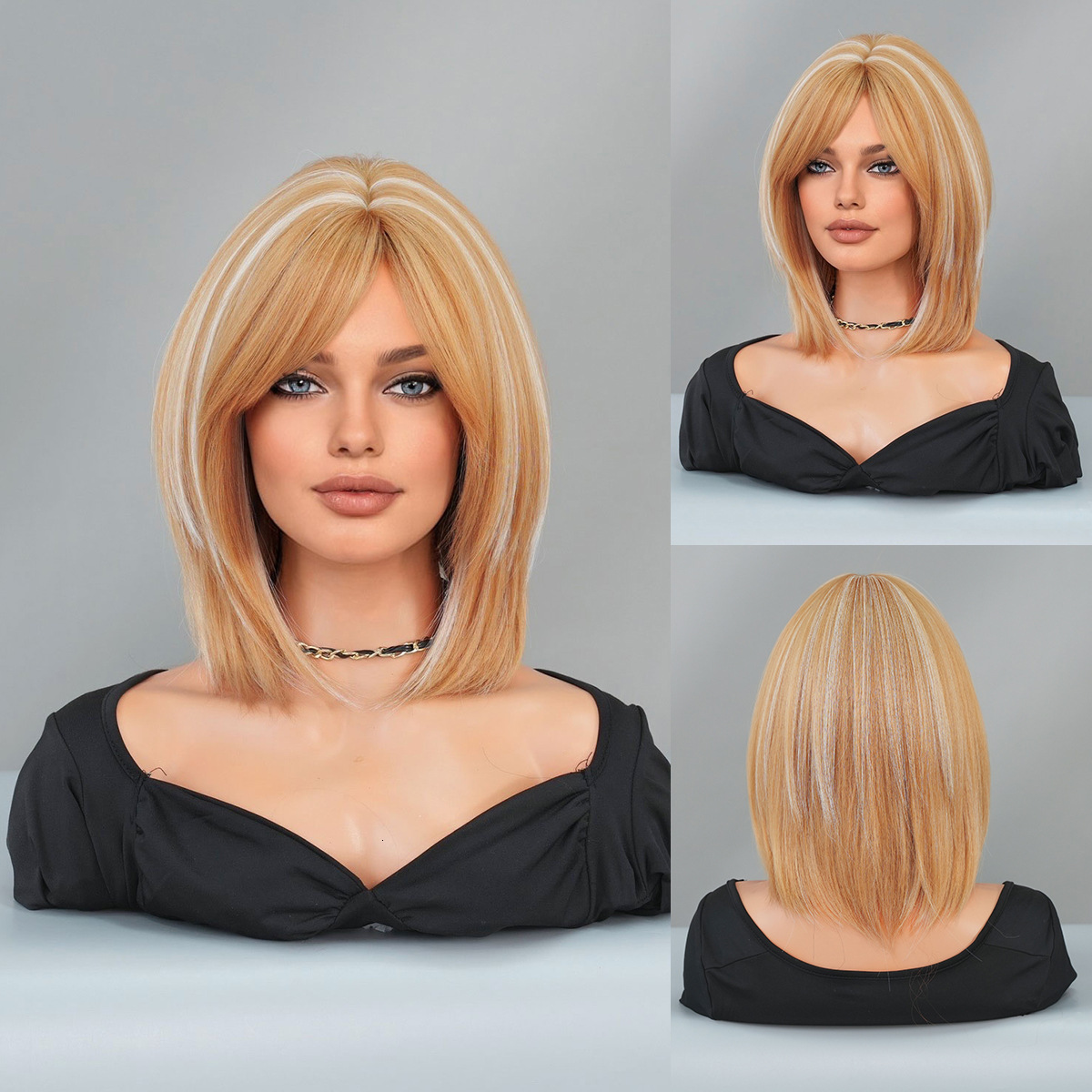 wig 2025 for women with gradient gray purple short straight hair slanted bangs Bob bob short hair synthetic mechanism headband