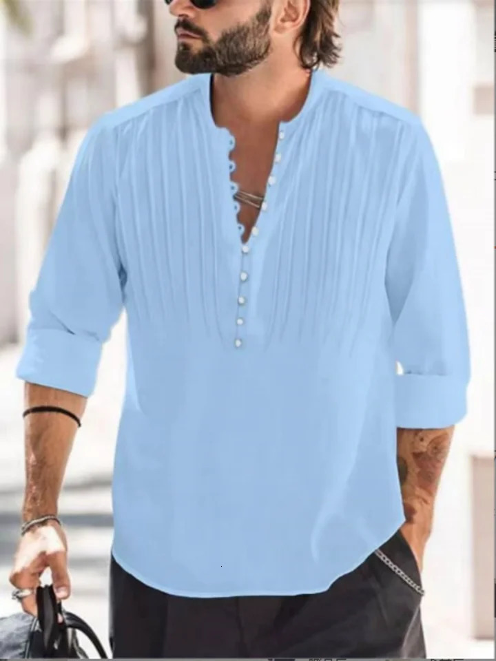 mens bandage round neck high-quality mens solid color cotton folding casual slim fit long sleeved shirt 250427