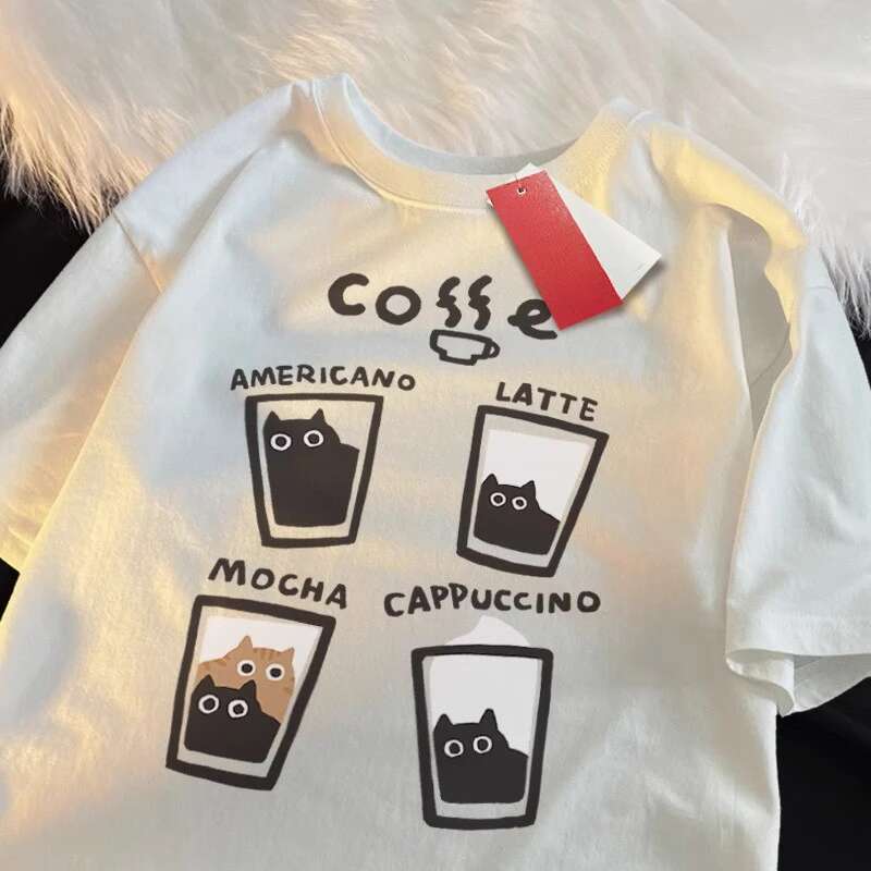 Summer Cream Coffee Cat Print Oversized Loose Short Sleeve Unisex T-shirt Women American Youth Casual Street Couple Top