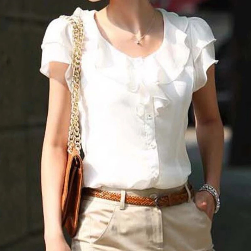 Arrival 2024 Chiffon Short sleeved Womens Shirt Fashion Ruffle White Black Office 250425