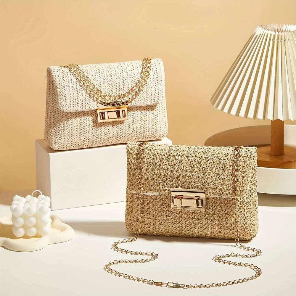 Woven Straw Handwoven Women's Shoulder Bag, Fashion Solid Color Crossbody Purse With Lock Closure