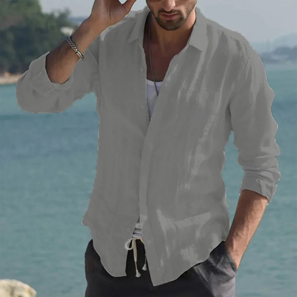 Summer mens solid fashion version beach cotton linen shirt long sleeved cardigan top with lapel slim fit and slimming 250427