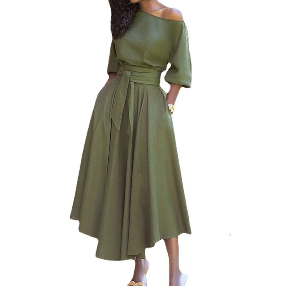 Spring European and American Women's Strap Waist Style Slant Shoulder Dress New Casual Versatile Fashion Clothing