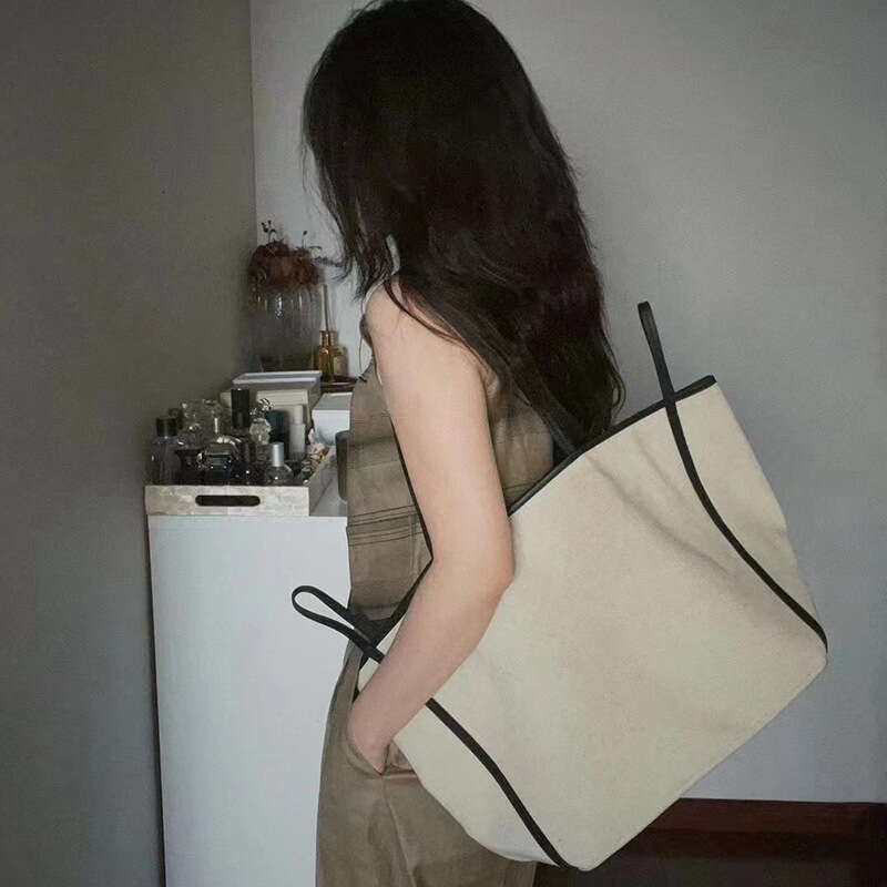 2024 Summer New ARKET Canvas Tote Shoulder Splicing Head Layer Cowhide Contrast Color Large Capacity Underarm Bag
