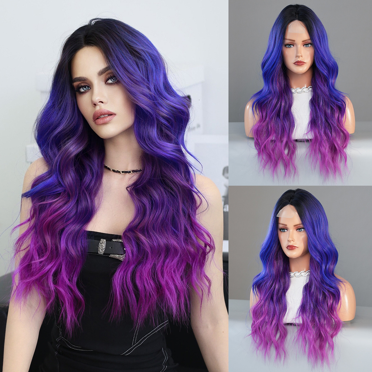Silver Gradient White High Quality Medium Split Long Curled Hair Small Lace Wig Full Headset for Womens Daily Party Wig