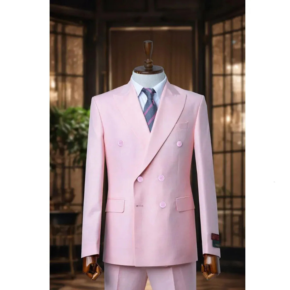 High quality pink mens 2piece set jacketpants double chest slim fit business gentleman wedding groom jacket 250428