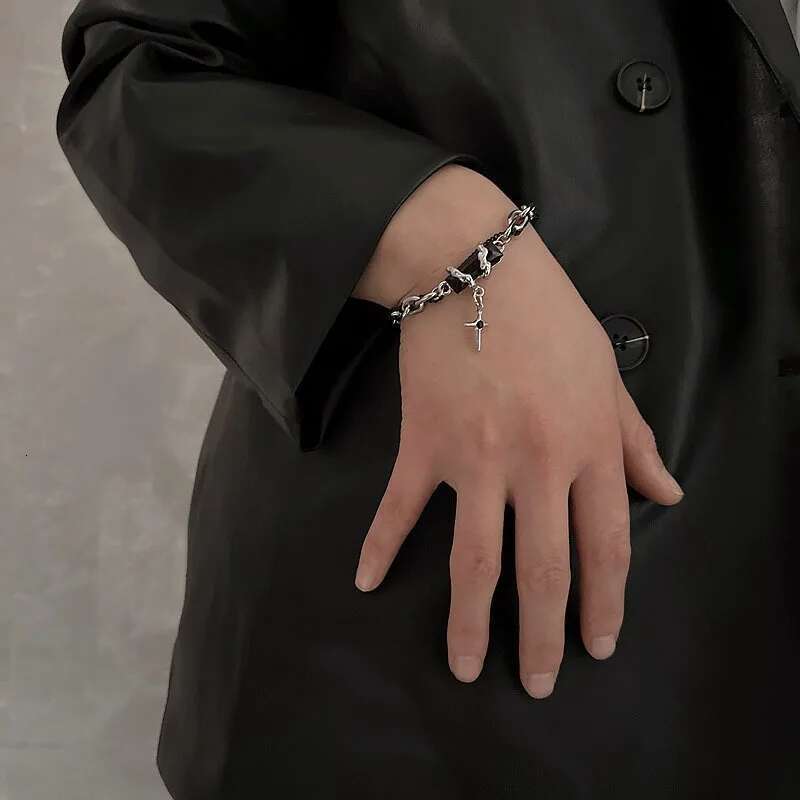 2024 Retro Black Zircon Star Bracelet For Women Men Gifts Trend Titanium Steel Chain Unisex Goth Jewelry New Couple Accessories