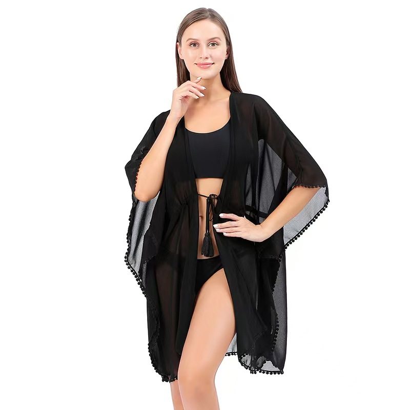 K600 European and American beach style cardigan solid color chiffon with small lace belt cardigan bikini cover-up sun protection clothing ST006