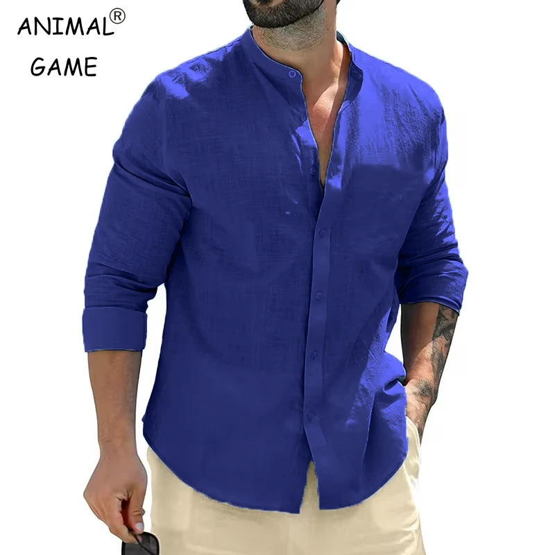 Mens cotton long sleeved shirt casual button up collar autumn mens dress business 250427